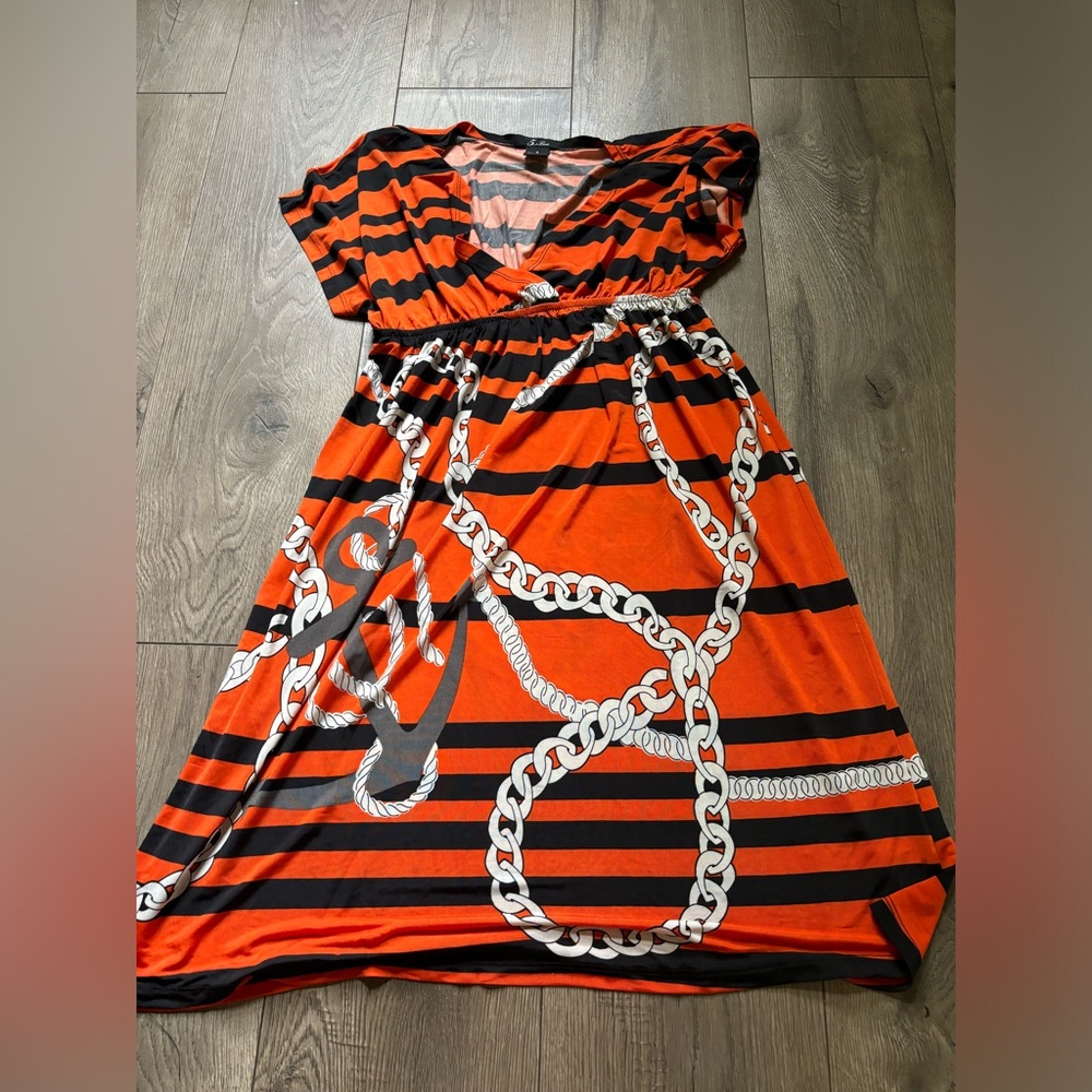 5th & Love Orange and Black Striped Midi Dress